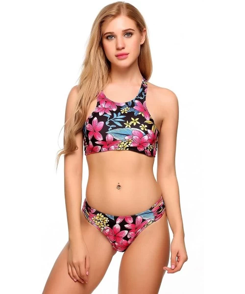 Sets Women's Swimsuit High Neck Racerback Printed Cut Out Bikini Set-Mothers Day Gift - Multi - C018462TRHZ