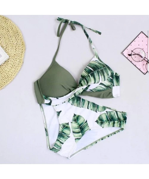 Sets Womens Summer Swimsuit Cute Fit Cross Halter Bandage Low Rise Bathing Suit Push Up Top Bikini Beachwear Set Green 16 - C...