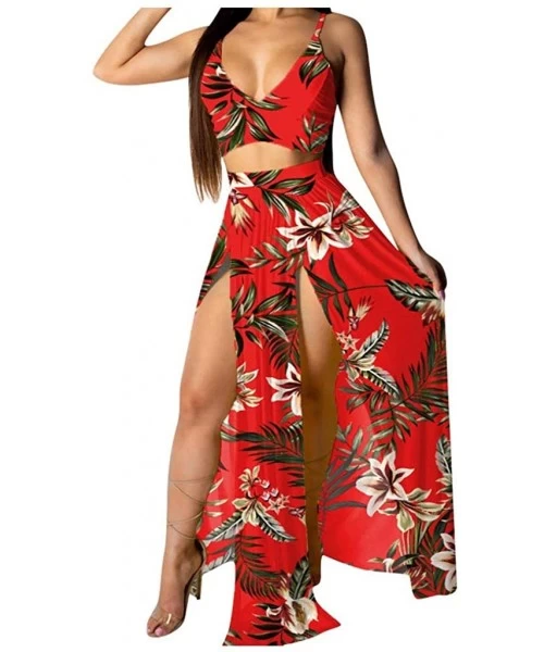 Tankinis Women Sexy Floral Print Summer Chiffon Sleeveless Crop Tops Maxi Skirt - Red - CC196SH8XGT