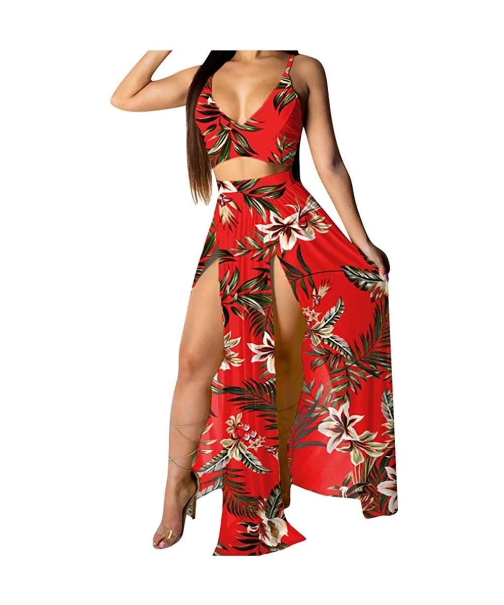 Tankinis Women Sexy Floral Print Summer Chiffon Sleeveless Crop Tops Maxi Skirt - Red - CC196SH8XGT