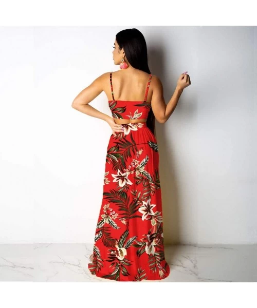 Tankinis Women Sexy Floral Print Summer Chiffon Sleeveless Crop Tops Maxi Skirt - Red - CC196SH8XGT