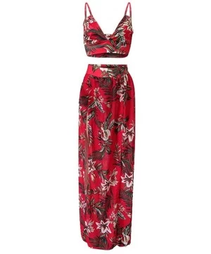 Tankinis Women Sexy Floral Print Summer Chiffon Sleeveless Crop Tops Maxi Skirt - Red - CC196SH8XGT