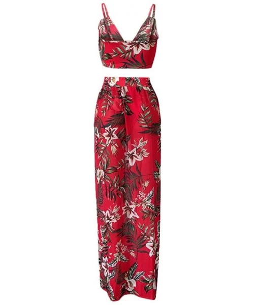 Tankinis Women Sexy Floral Print Summer Chiffon Sleeveless Crop Tops Maxi Skirt - Red - CC196SH8XGT