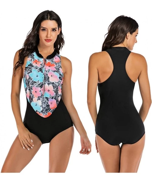 One-Pieces Women Monokini Swimsuits Sexy One Piece Bathing Suits Swimwear Rash Guard - Blue Red Flower - CE18XQU3CDT