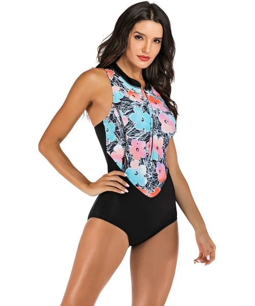 One-Pieces Women Monokini Swimsuits Sexy One Piece Bathing Suits Swimwear Rash Guard - Blue Red Flower - CE18XQU3CDT