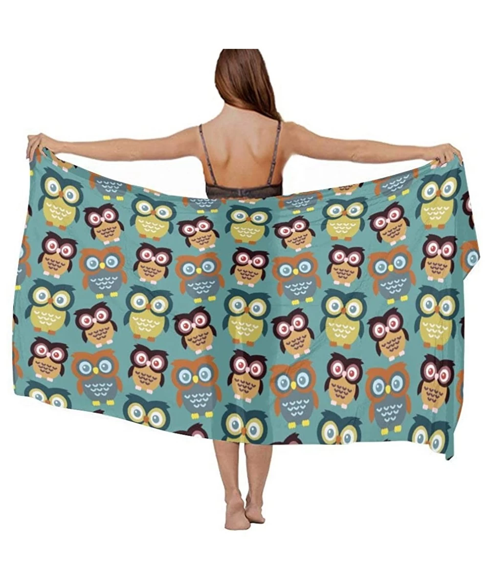 Cover-Ups Women Luxury Chiffon Swimwear Cover Up- Oversize Beach Sarong Shawl Wrap - Cartoon Big Eys Owls - CC19C4IADE6