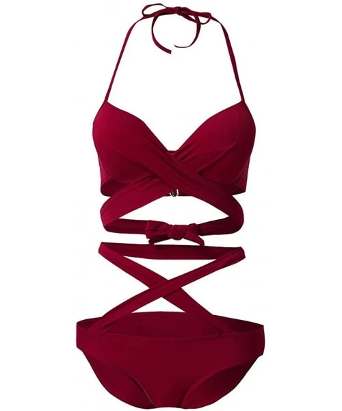 Sets Womens Sexy Criss Cross Halter Bikini Monokini Cheeky 2 PC Push Up Bikini Pure Color Padded Swimsuit Bathing Suit Wine -...