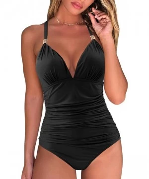 One-Pieces Women Plunge V Neck One Piece Ruched Swimsuit Retro Halter Monokini - Black - CX18QQ8Q32U