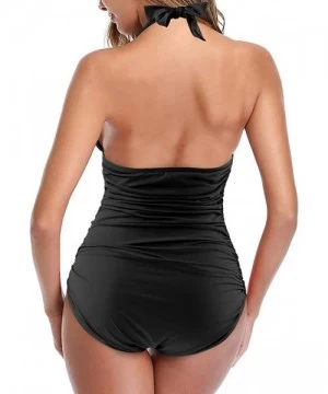 One-Pieces Women Plunge V Neck One Piece Ruched Swimsuit Retro Halter Monokini - Black - CX18QQ8Q32U