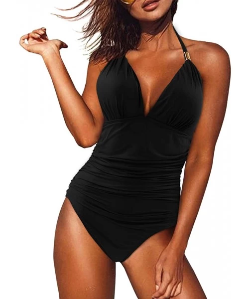 One-Pieces Women Plunge V Neck One Piece Ruched Swimsuit Retro Halter Monokini - Black - CX18QQ8Q32U