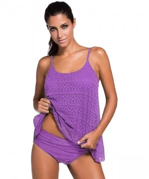 Tankinis Women's Stripe Tankini Top Bikini Swimwear with Brief Plus Size S - 3XL - Purple - CP194GKCT5E