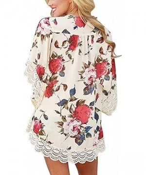 Cover-Ups Womens Kimono Cardigans Floral Print Chiffon Beach Cover ups Loose Casual Tops - Beige - CB18SHL22O3