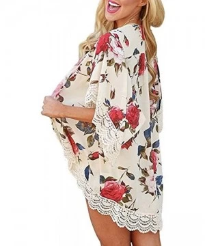 Cover-Ups Womens Kimono Cardigans Floral Print Chiffon Beach Cover ups Loose Casual Tops - Beige - CB18SHL22O3