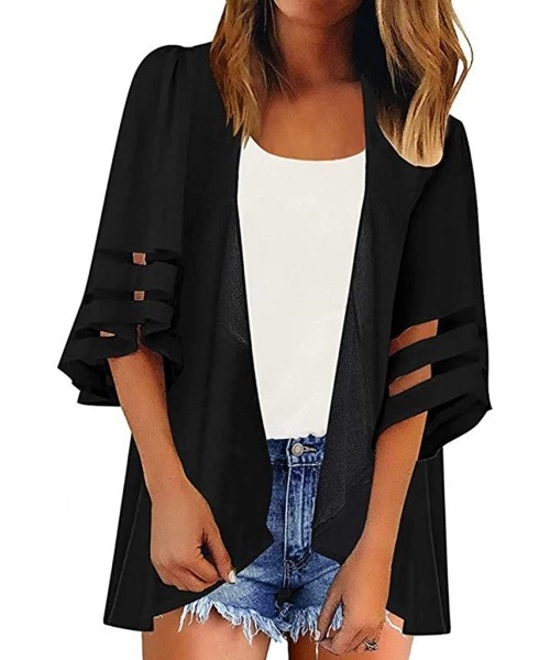 Cover-Ups Womens Blouse Tops Mesh Panel 3/4 Bell Sleeve Casual Kimono Cardigan Open Front Summer Beach Cover Up - Black - CC1...