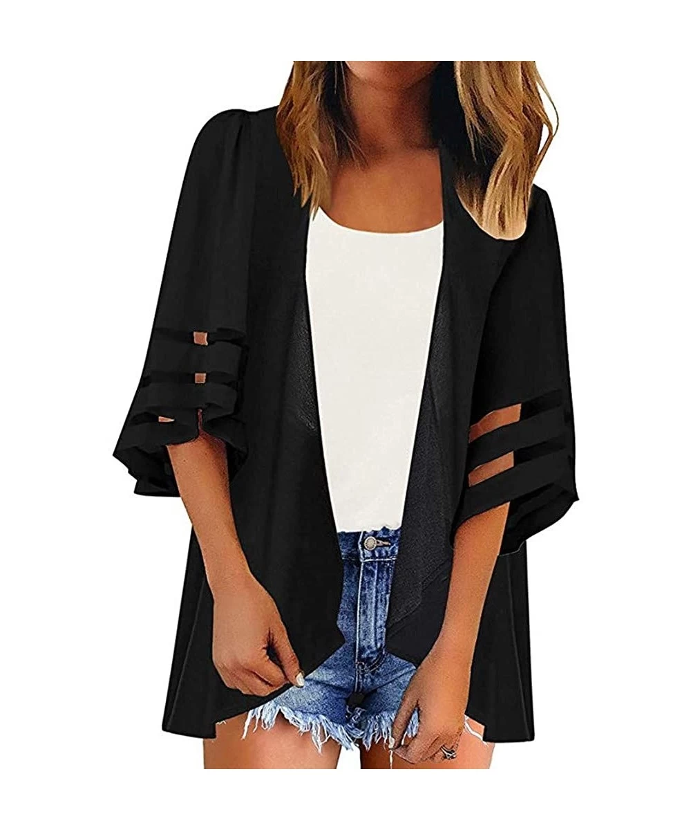 Cover-Ups Womens Blouse Tops Mesh Panel 3/4 Bell Sleeve Casual Kimono Cardigan Open Front Summer Beach Cover Up - Black - CC1...