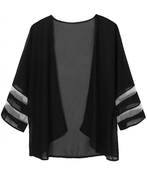 Cover-Ups Womens Blouse Tops Mesh Panel 3/4 Bell Sleeve Casual Kimono Cardigan Open Front Summer Beach Cover Up - Black - CC1...