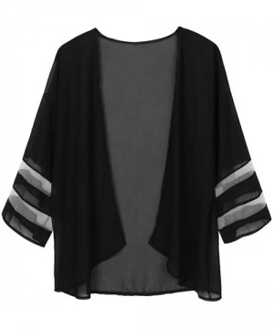 Cover-Ups Womens Blouse Tops Mesh Panel 3/4 Bell Sleeve Casual Kimono Cardigan Open Front Summer Beach Cover Up - Black - CC1...