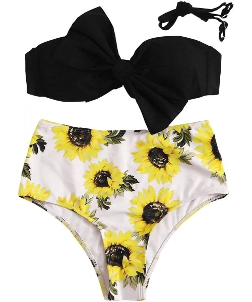 Sets Women's Swimwear Set Bow Bikini Top Floral High Waisted Swimsuits - Yellow-1 - C518AWK8747