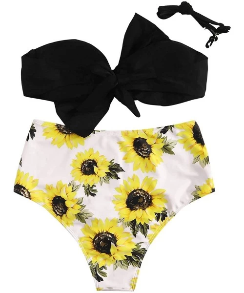 Sets Women's Swimwear Set Bow Bikini Top Floral High Waisted Swimsuits - Yellow-1 - C518AWK8747