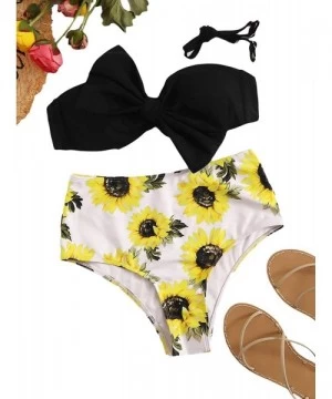 Sets Women's Swimwear Set Bow Bikini Top Floral High Waisted Swimsuits - Yellow-1 - C518AWK8747