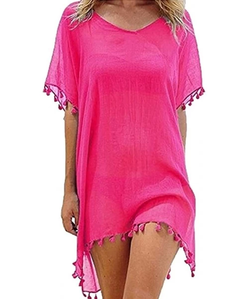 Cover-Ups Women's Swimsuits Beach Dress Mini Fringed Kaftan Chiffon Top Coverups - Rose Red - C6190LNWNHZ