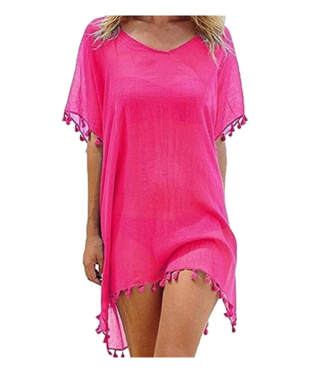 Cover-Ups Women's Swimsuits Beach Dress Mini Fringed Kaftan Chiffon Top Coverups - Rose Red - C6190LNWNHZ