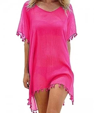 Cover-Ups Women's Swimsuits Beach Dress Mini Fringed Kaftan Chiffon Top Coverups - Rose Red - C6190LNWNHZ