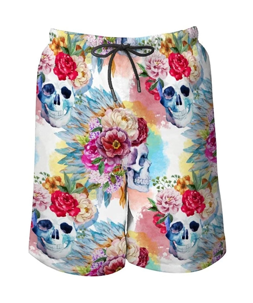 Board Shorts Men's Fashion Casual Swim Trunks Summer Beach Shorts with Mesh Lining - Sugar Skull With Exotic Flowers Pattren ...