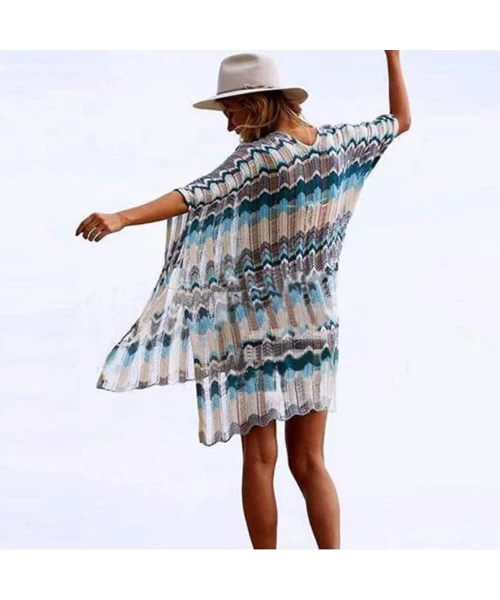 Cover-Ups Women's Crochet Swimsuit Cover Up Bikini Mesh Beachwear Cover Up Beach Dress Bathing Suit Blouse For 043 White+blue...