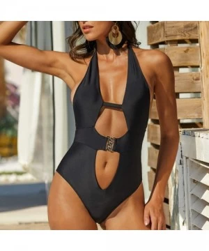 One-Pieces Womens Sexy Cross Halter Cutout High Cut Monikini One Piece Swimsuit Beach Bikini Swimwear - Black - CC194DS3X5C