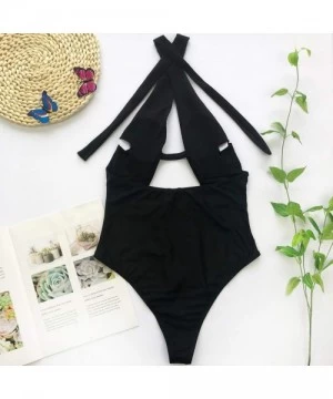 One-Pieces Womens Sexy Cross Halter Cutout High Cut Monikini One Piece Swimsuit Beach Bikini Swimwear - Black - CC194DS3X5C