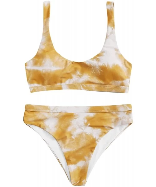 Sets Women's Scoop Neck Tie Dye Crop Top High Waisted Cheeky Bikini Set - Yellow White - CV196MDTH8I