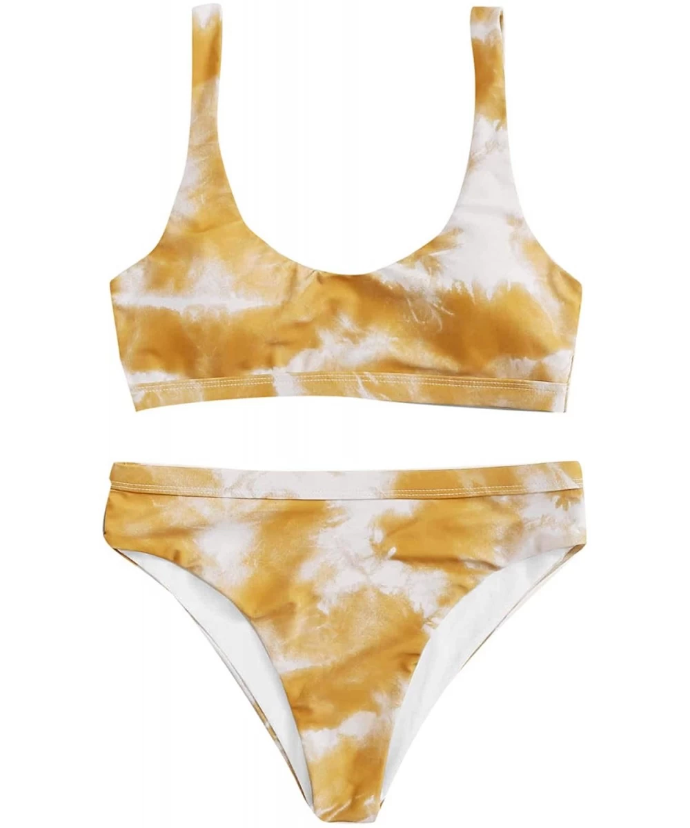 Sets Women's Scoop Neck Tie Dye Crop Top High Waisted Cheeky Bikini Set - Yellow White - CV196MDTH8I