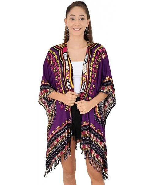 Cover-Ups Womens Kimono African Dashiki Print Lightweight Beach Cardigan Cover Up - Purple Tassels - CU18R9Z7YEM