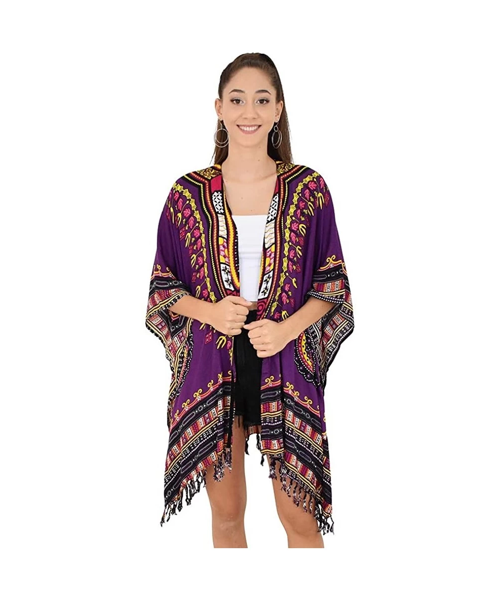 Cover-Ups Womens Kimono African Dashiki Print Lightweight Beach Cardigan Cover Up - Purple Tassels - CU18R9Z7YEM