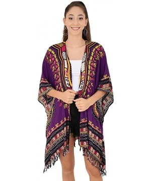 Cover-Ups Womens Kimono African Dashiki Print Lightweight Beach Cardigan Cover Up - Purple Tassels - CU18R9Z7YEM