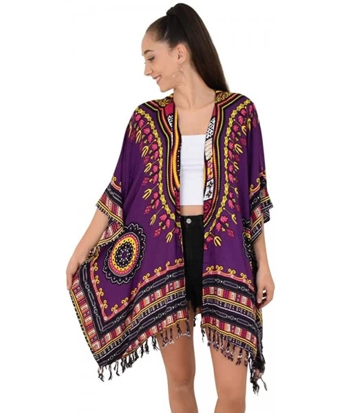 Cover-Ups Womens Kimono African Dashiki Print Lightweight Beach Cardigan Cover Up - Purple Tassels - CU18R9Z7YEM