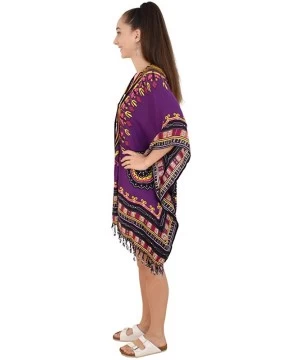 Cover-Ups Womens Kimono African Dashiki Print Lightweight Beach Cardigan Cover Up - Purple Tassels - CU18R9Z7YEM