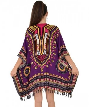 Cover-Ups Womens Kimono African Dashiki Print Lightweight Beach Cardigan Cover Up - Purple Tassels - CU18R9Z7YEM