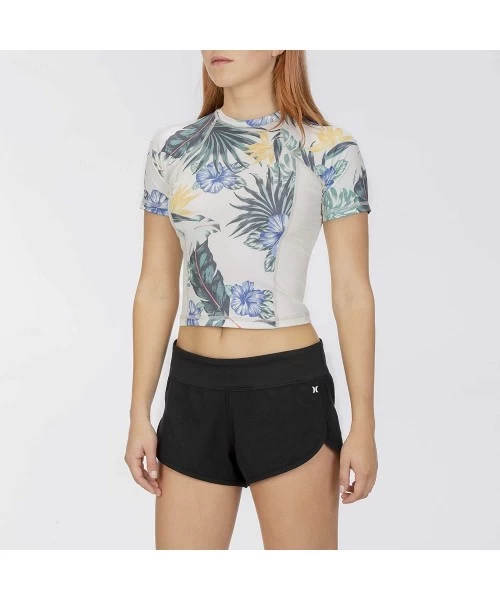 Rash Guards Women's Cropped Short Sleeve Floral Sun Shirt UPF +50 Rashguard - Sail/White - CM18AQQHCQM