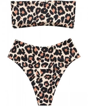 Sets Women's 2 Pieces Bandeau Bikini Swimsuits Off Shoulder High Waist Bathing Suit High Cut - Apricot Leopard - CT18NGYMWY3