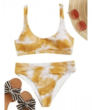 Sets Women's Scoop Neck Tie Dye Crop Top High Waisted Cheeky Bikini Set - Yellow White - CV196MDTH8I