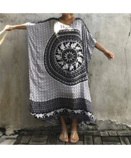 Cover-Ups Women Summer Boho Beach Long Maxi Dress V Neck Long Kaftan Bikini Cover Up Dress Plus Size - Grey - CI18S0KT6QI