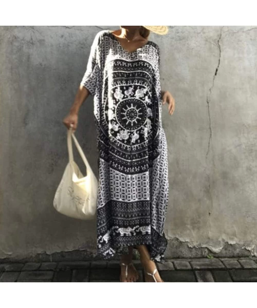 Cover-Ups Women Summer Boho Beach Long Maxi Dress V Neck Long Kaftan Bikini Cover Up Dress Plus Size - Grey - CI18S0KT6QI