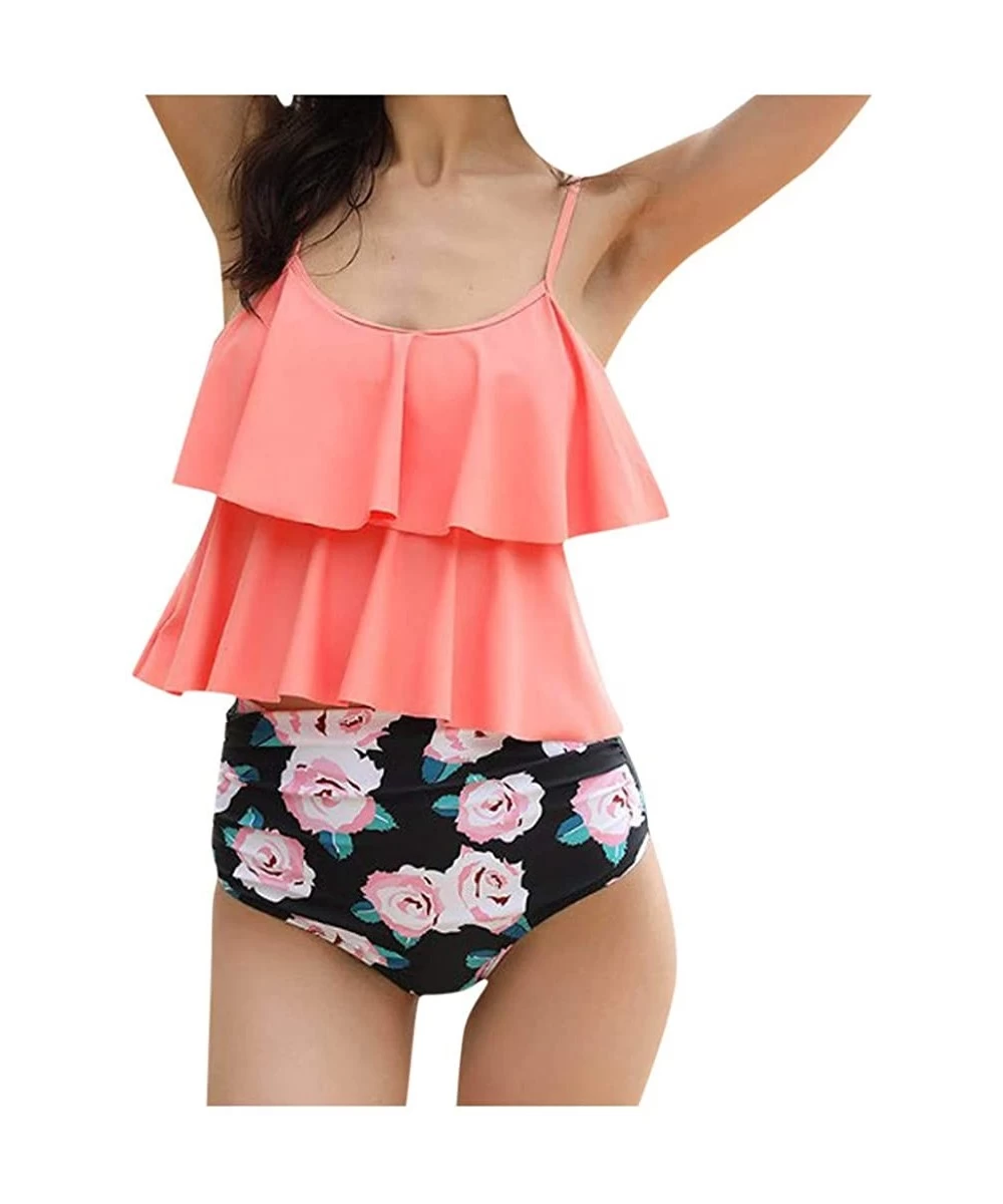 Racing Women's Ruffled Swimwear Floral Printed Swimsuit Tummy Control Bathing Suit Shoulder Strap Tankini - Pink - C1194MEEWTO