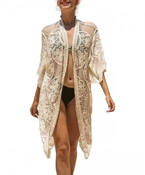 Cover-Ups Women's Lace Cardigan Floral Crochet Sheer Beach Cover Ups Long Open Kimono - Apricot1 - CZ1963NTWSY