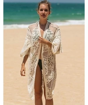 Cover-Ups Women's Lace Cardigan Floral Crochet Sheer Beach Cover Ups Long Open Kimono - Apricot1 - CZ1963NTWSY