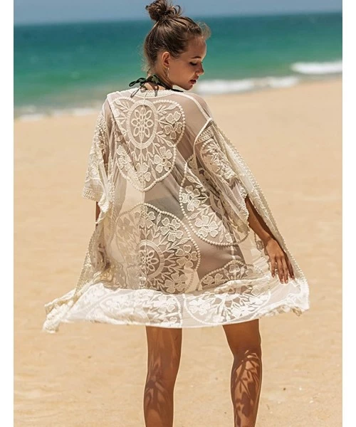 Cover-Ups Women's Lace Cardigan Floral Crochet Sheer Beach Cover Ups Long Open Kimono - Apricot1 - CZ1963NTWSY