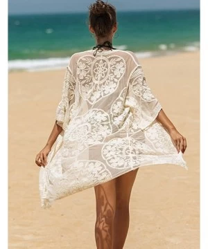 Cover-Ups Women's Lace Cardigan Floral Crochet Sheer Beach Cover Ups Long Open Kimono - Apricot1 - CZ1963NTWSY