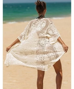 Cover-Ups Women's Lace Cardigan Floral Crochet Sheer Beach Cover Ups Long Open Kimono - Apricot1 - CZ1963NTWSY